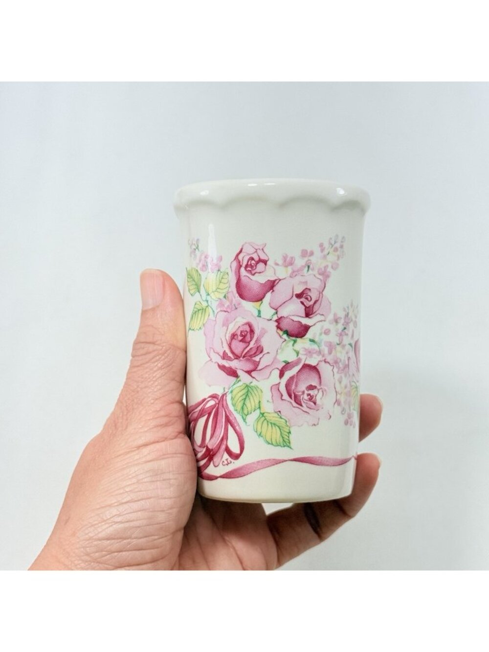 Vintage Potpourri Press Roses Ribbons Vase Flowers Pink Bouquet Toothpick Holder